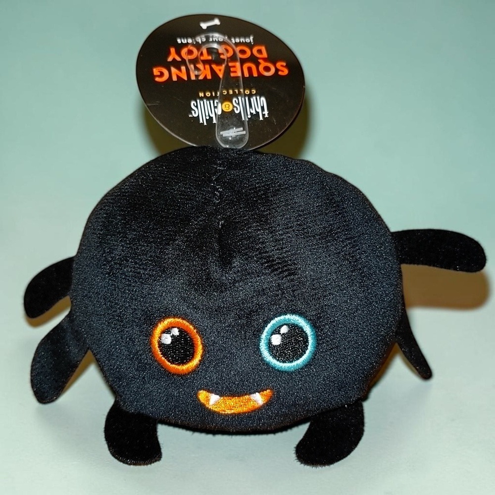 Thrills & Chills Halloween Plush Spider Squeaking Dog Toy Small Black Retired